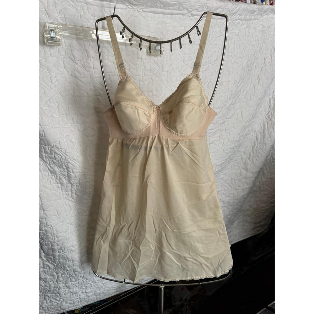 Vintage Beige Lace Trim Babydoll Chemise Slip 36B 1566 SS